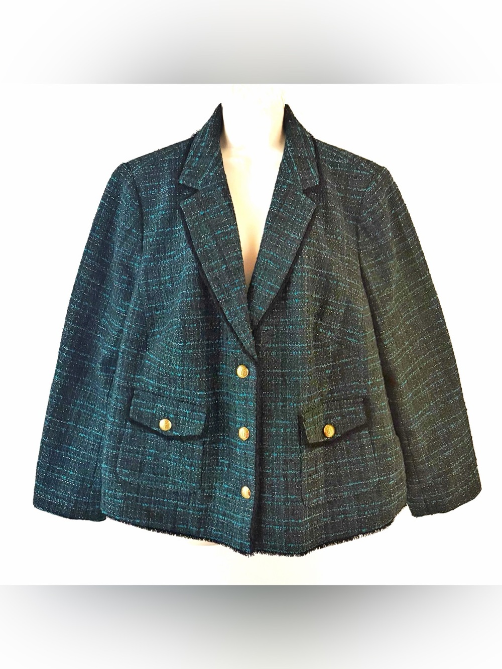 Talbots Teal Tweed Blazer with Gold Buttons